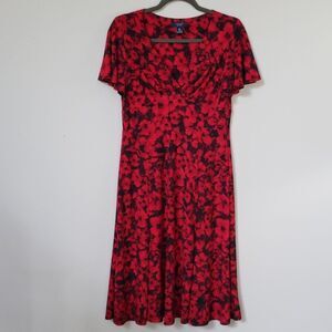 Chaps Dress Womens M Poppy Red Dark Floral Baby Doll Milkmaid Flare Skirt Retro